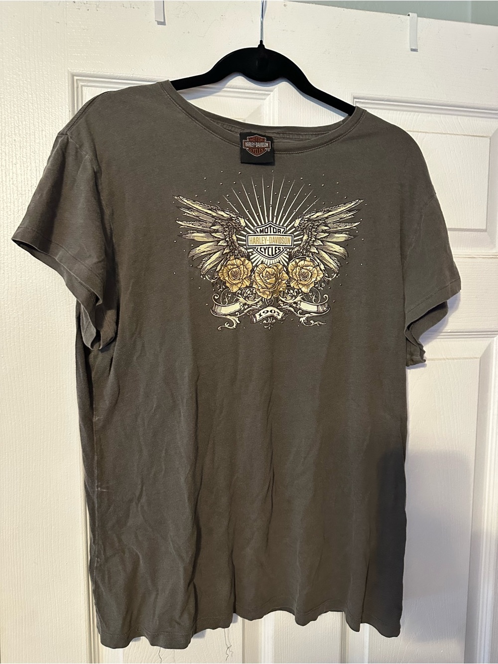 Harley-Davidson Olive Short Sleeve Tee with Gold Rose & Wing Graphic